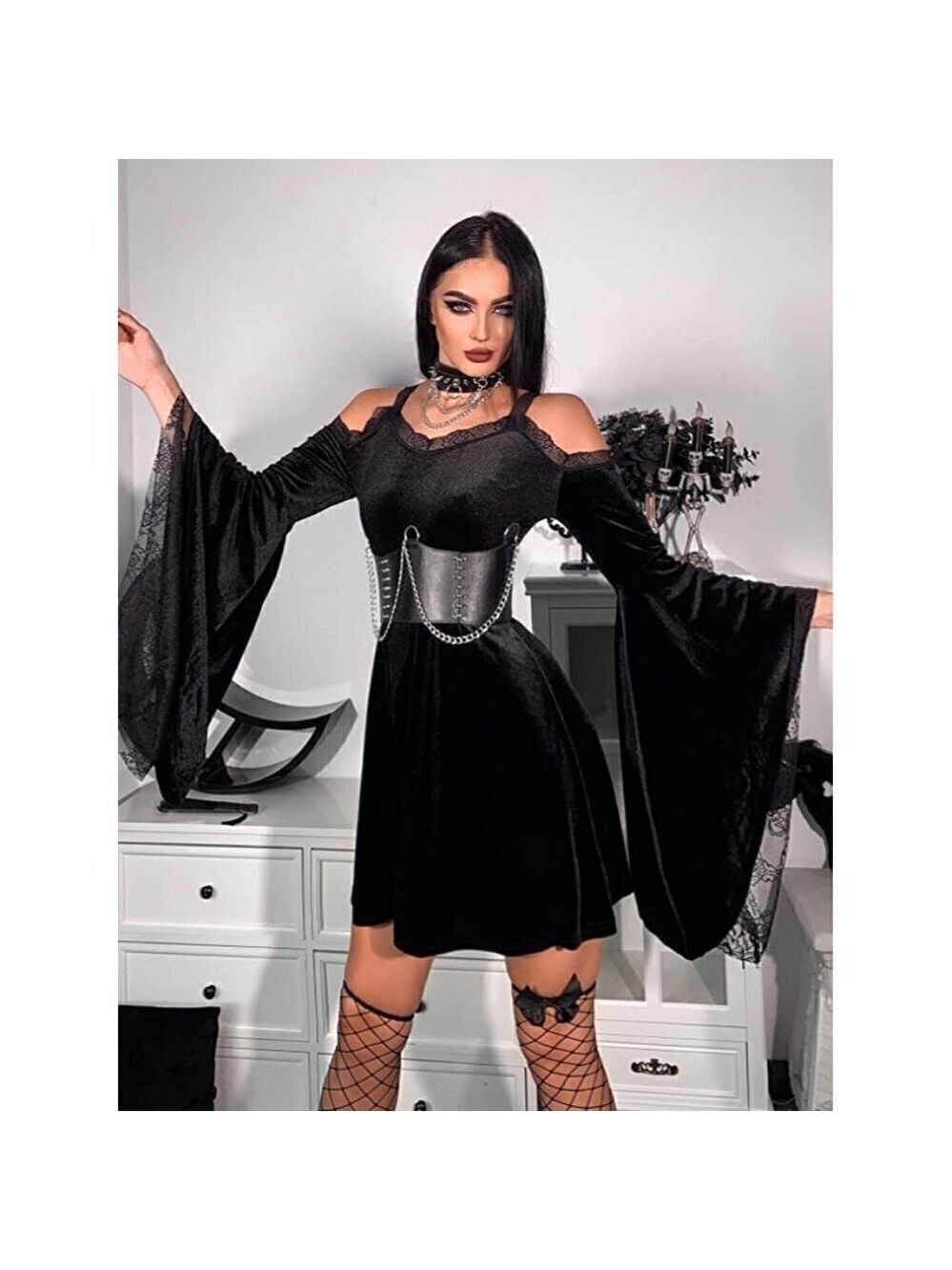 Lace Long Sleeve Dress Black Draped Bodycon Goth Vintage Style Halloween Costume